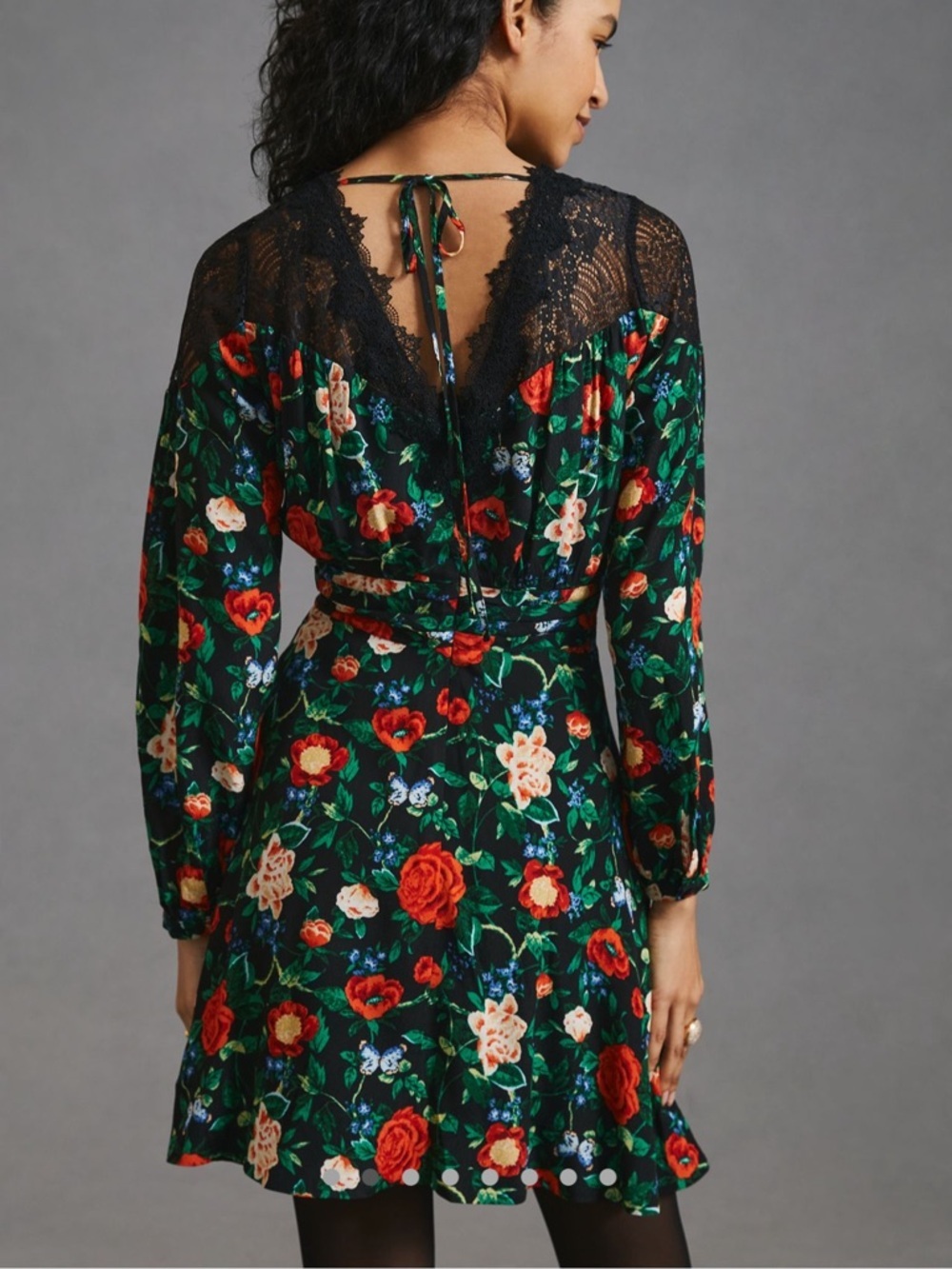 Anthropologie V Neck Mini Dress Black Floral Size 4 - Picture 2 of 16